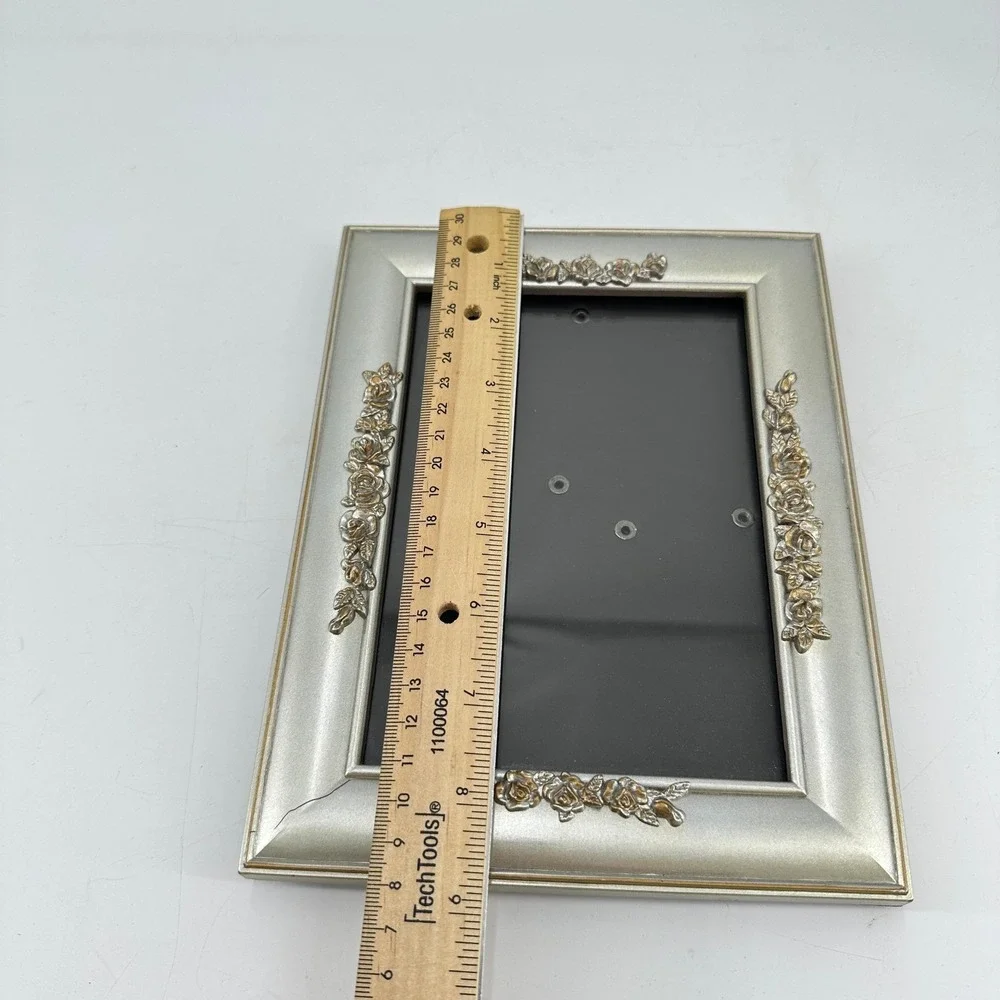 Silver Tone Ornate Floral Rose Picture Frame Tabletop Wall Mount 5x7 Style